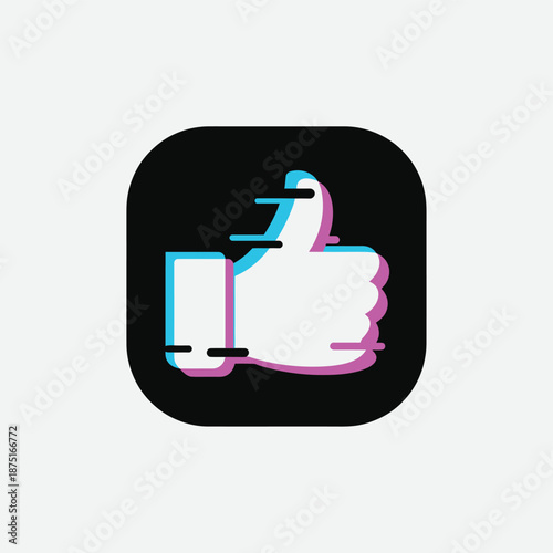 a white thumbs up icon with pink and blue outline on black background