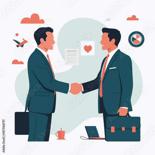 Two businessmen shaking hands in a modern office setting with a laptop and briefcases