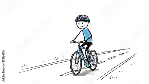 Stick Figure Man Riding Bicycle on Road.