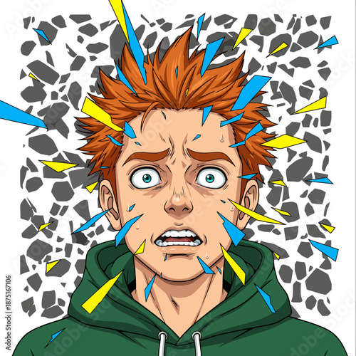 Young man experiencing a shocking surprise with vibrant colors