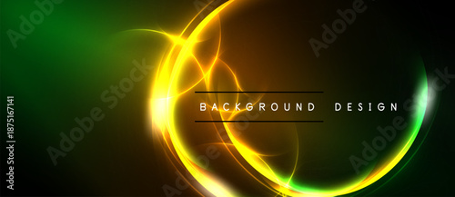 Bright neon light streaks form abstract circular shapes over dark background. Text reads background design. Vivid colors create dynamic visual effect.