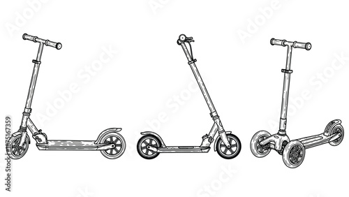 three foldable scooters in different positions side view