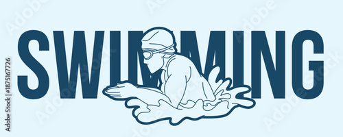 Swimming Text with Swimmer Action Cartoon Sport Graphic Vector