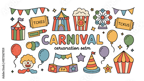 Carnival Delight: A vibrant illustration showcasing classic carnival elements, including a circus tent, popcorn, Ferris wheel, and festive banners, evokes a sense of joy and celebration.