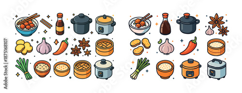 Assorted asian cooking ingredients and utensils: rice cookers, dishes, and spices