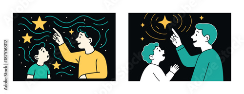 Father and son star gazing moments with illustrative cosmic scene