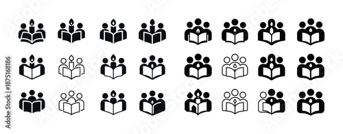 Set of book club icons in various styles and configurations