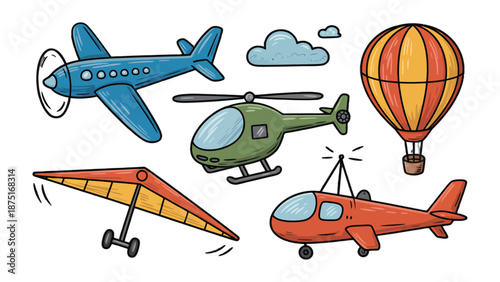 Air Transportation: This collection of vibrant illustrations presents a diverse array of aircraft and aerial vehicles, perfect for any transportation themed project.