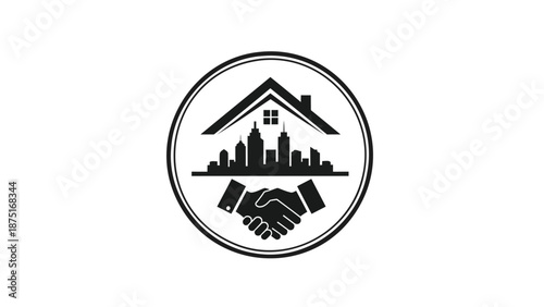Black and white logo of handshake under house with city skyline in background for real estate or partnership concept