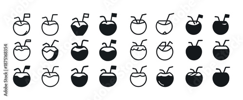 Set of coconut drink icons with straws and flags in various designs