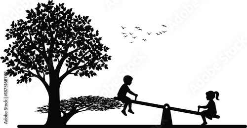 Children silhouette playing on seesaw under tree with birds flying, black and white childhood outdoor lifestyle illustration scene nature park