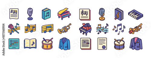 Colorful music icons collection featuring instruments and sheet music