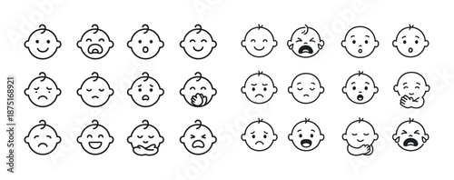 Collection of simple baby face expressions illustrating various emotions