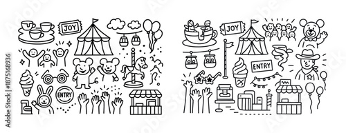 Hand-drawn amusement park doodle with carnival rides and festival fun elements
