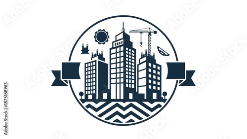 Cityscape with buildings, construction crane, and industrial icons in a circular emblem with ribbons, urban landscape, architecture design