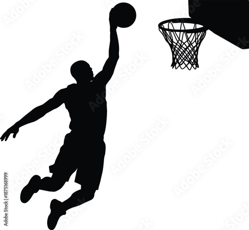 Basketball player silhouette performing slam dunk, airborne athlete scoring at hoop, sports action, athletic competition, vector illustration black white design