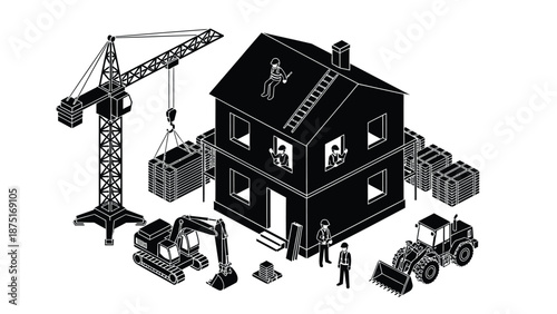 Black and white illustration of house construction site with workers, crane, excavator, and tractor, building architecture concept