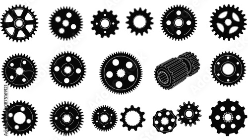 a collection of various black gears and cogs on a white background