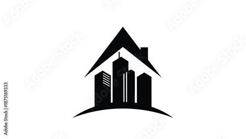 Black silhouette cityscape with buildings and triangular roofline on white background, urban landscape design element