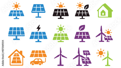 A collection of colorful icons representing renewable energy sources and sustainable living