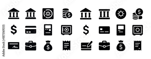 Banking and finance icons: safe, money, card, dollar, briefcase collection