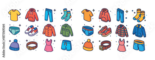 Colorful cartoon clothing collection with shirts, hoodies, and accessories