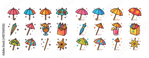 Colorful cartoon umbrella collection with various patterns and accessories