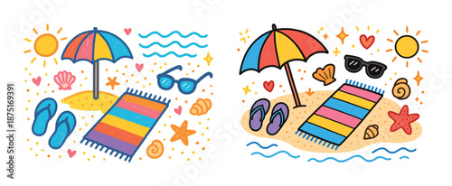 Colorful beach day illustration with umbrella, sunglasses, and flip-flops