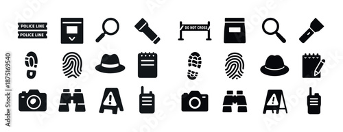 Crime investigation icons: police line, fingerprint, magnifying glass, camera, walkie-talkie, detective hat