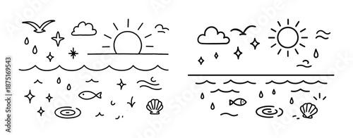 Minimalistic black and white beach scene with clouds and sea creatures