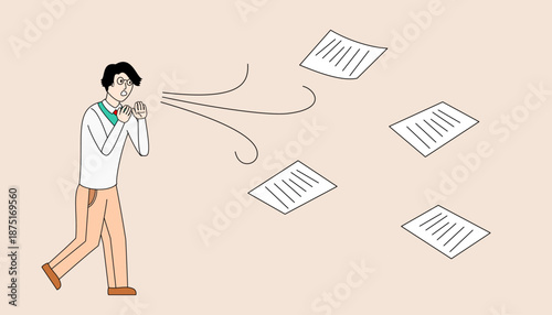 A man is blowing his nose and papers are flying everywhere