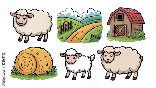 Farm Elements:  A collection of farm elements, including sheep, farm, landscape, barn, and hay bale, evoking a sense of tranquility, pastoral life.