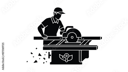 Man in safety gear operating a table saw in a workshop with debris flying, industrial scene with a worker using a circular saw