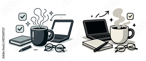 Workspace essentials: coffee, laptop, glasses, notebook, and pen in monochrome and color