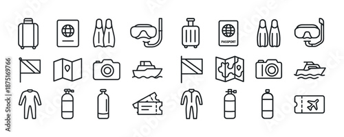 Travel and diving icons: suitcase, snorkel, mask, passport, map, camera, boat, flag, ticket, scuba tank