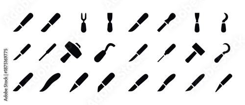 Collection of various black silhouette carving tools on white background