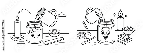 Candle making process: smiling jars, pouring wax, supplies, and tools illustrated