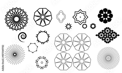 Geometric ornament for Arabic pattern, black and white sketch. Vector illustration. Symmetrical geometric elements, isolated on white background