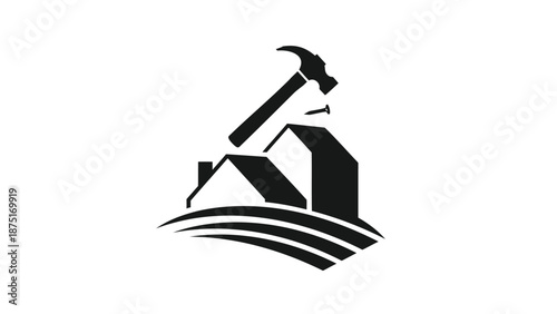 Black silhouette graphic illustration of hammer hitting anvil with house and building shapes on white background for construction