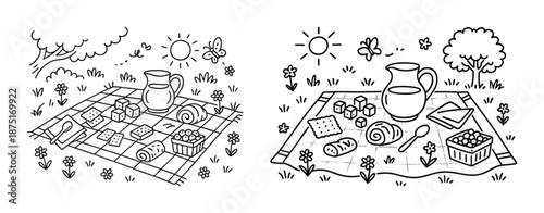 Hand-drawn picnic scene with food and nature elements in black and white