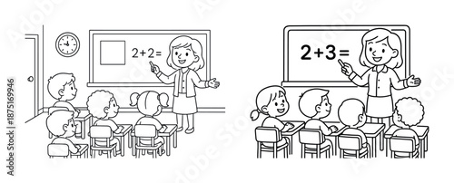Female teacher instructing young students on math problems in classroom setting