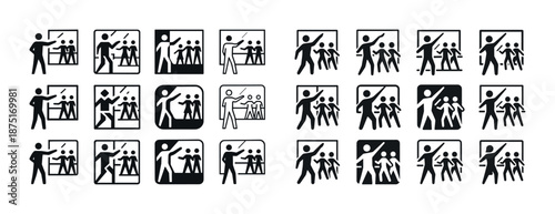 Diverse stick figure icons depicting group interactions and instructions
