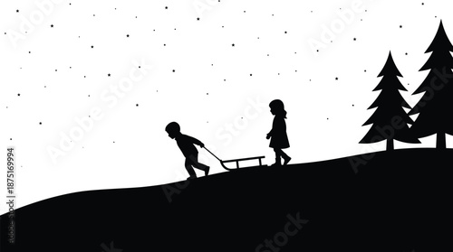Children silhouette pulling sled uphill under starry winter night, black and white illustration of childhood friendship, outdoor snowy adventure scene