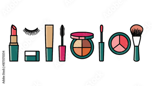 A colorful illustration of various makeup products and tools on a white background