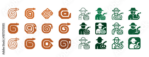 Abstract garden icons: hose and watering symbols in brown and green variations