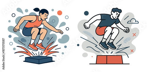Young female and male athletes jumping in sportswear exercise illustration