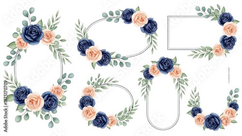Set of watercolor floral frame bouquets of navy and peach roses and leaves. Botanic decoration illustration for wedding card, fabric, and logo composition