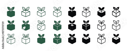 Set of green and black plant icons with cubes and leaves