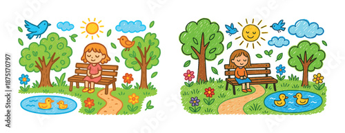 Cartoon girl relaxing on park bench with ducks and birds on a sunny day