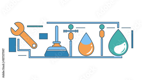 An illustration of plumbing tools and water droplets in a graphic design